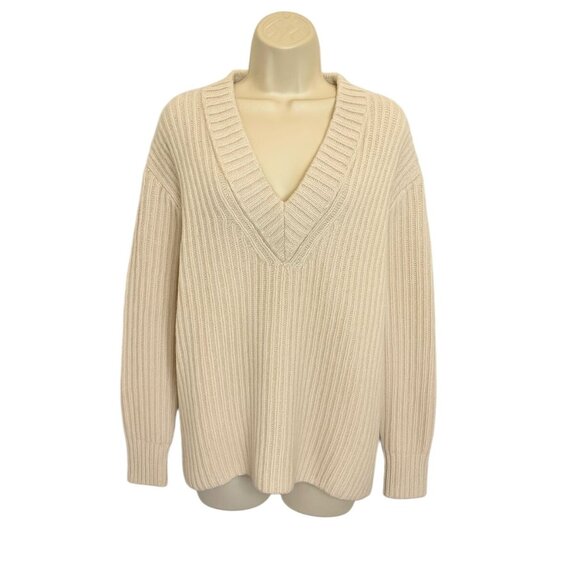 Acne Studios 100% Wool Ribbed V-Neck Sweater Beige Knit - Size XS - Picture 2 of 7